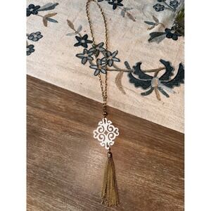 Gold Tone Chain Necklace with Filigree Pendant and Tassel Statement Piece